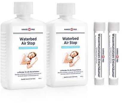 Hanse Pro Luftbinder-Set für Wasserbetten, 2 x 250 ml Air Stop, 2 x 15 ml Wasserbetten-Entschäumer I Pflege I Luft-Binder I Luft-Löser I beseitigt Luft-Geräusche im Wasserbett I Bubble Stop