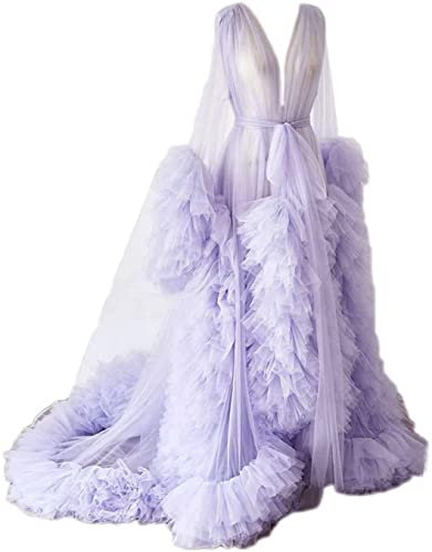 KURFACE Women's Tulle Robe Puffy Bridal Lingerie Bath Dress Dressing Gown Sheer Maternity Photoshoot Light Lilac UK30