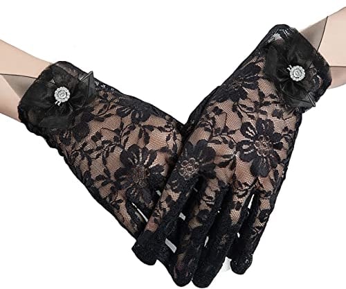 AWOCAN Damen Spitze Elegant Kurze Handschuhe Courtesy Sommerhandschuhe für Hochzeit Party und Teeparty 1920er Vintage Kostüme, Schwarz , One size