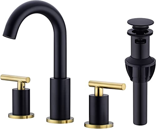 TRUSTMI Brass Bathroom Sink Taps 2 Handle 8 Inch Widespread Vanity Sink Mixer Faucets with Overflow Pop Up Drain Assembly, Swivel Spout, Matte Black and Brushed Gold
