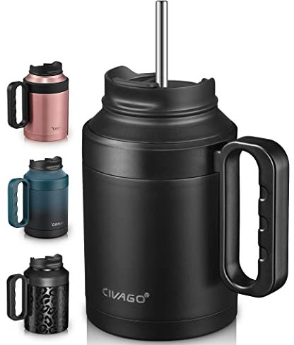 CIVAGO 50 oz Insulated Tumbler Mug with Lid and Straw, Vacuum Travel Coffee Mug with Handle, Double Wall Stainless Steel Water Cup Bottle, Black