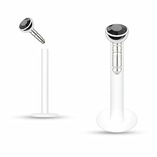 Monroe - Bioflex 1,2 mm Lippenpiercing mit Kristall FARBWAHL Push In Labret Stud (Schwarz)