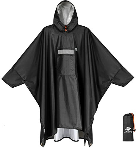 ANYOO Leichter Wasserdichter Regenponcho Regenjacken mit Ärmeln Belüftet Mehrzweck Regenmantel mit Kapuze Ideal für im Freien Camping Wandern Angeln, Schwarz, Einheitsgröße