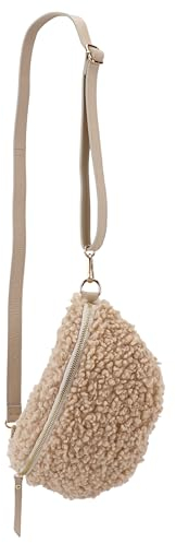 SH Leder ® Teddy Plüsch Hüfttasche Damen Gürteltasche für Festival Reise Bauchtasche mittelgroße Crossbody Bag Frauen mit echt Leder Schultergurt 27x16cm Kate G358 (Helltaupe, M)