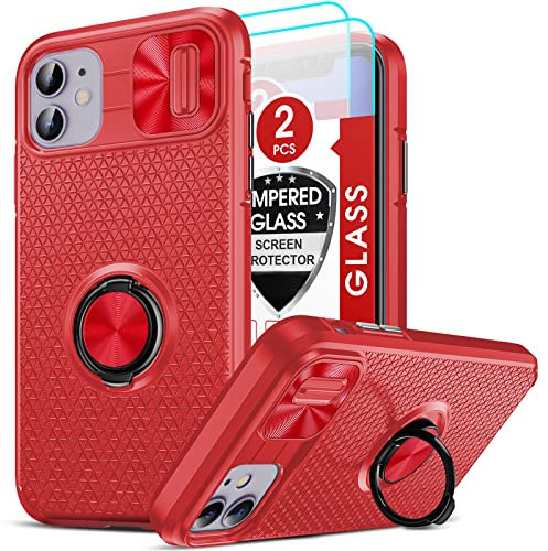 LeYi for iPhone 11 phone case with 2 Tempered Glass Screen Protector, Slide Camera Cover & Ring stand, Armour Military Protective Shockproof Phone Cover for iPhone 11 6.1''-Red