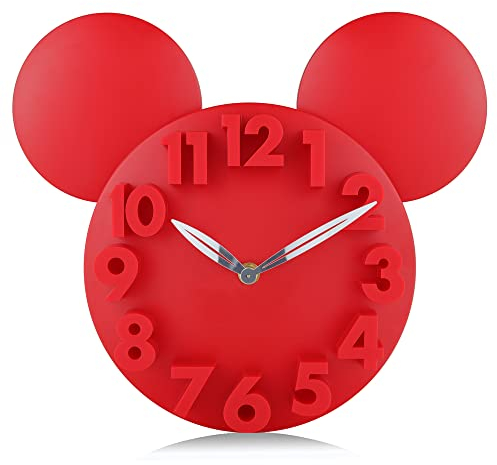 Lafocuse 3D Ziffern Maus Wanduhr für Jungen und Mädchen, Kinder Wanduhr Rot Deko, Uhren fürs Kinderzimmer Kindergarten Schule 32x28x5cm