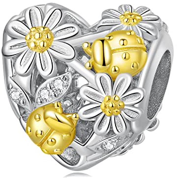 Gänseblümchen Marienkäfer Charms Anhänger für Pandora Armbänder,925 Sterling Silber Herz vergoldet Hänge Charms Bead,Muttertag Geschenk