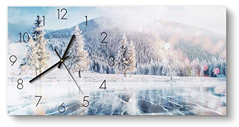 DEQORI Glasuhr | vertikal 60x30 cm | Motiv Zugefrorener See | große XXL Design Uhr aus Glas | leise Wanduhr für Wohnzimmer & Küche | moderne Hingucker Uhr für die Wand