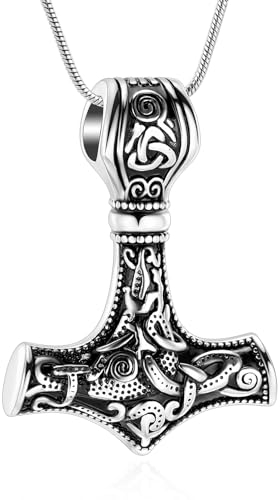 VCCWYQK Mjolnir Thor Hammer Feuerbestattung Schmuck für Asche für Damen Herren Edelstahl Keltischer Knoten Urne Halskette Anhänger für Asche Halter Andenken (B)