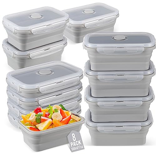 Mifoci Juego de 8 recipientes plegables de silicona para almacenamiento de alimentos, 481.9 g, color gris, contenedor cuadrado con tapas de ventilación, apto para microondas, congelador y lavavajillas