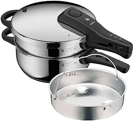 WMF Perfect Schnellkochtopf Set Induktion 3-teilig, Dampfkochtopf 4,5l + 3l mit Einsatz, großes Kochsignal, 2 Kochstufen, abnehmbarer Deckelgriff, stapelbar