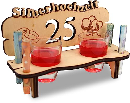 Urhome Hochzeit Schnapsbank aus Holz und 2 Schnapsgläser - 25. Hochzeitstag zur Silberhochzeit - Hochzeitsbank mit Gläser zum Jubiläum Jahrestag - Hochzeitsgeschenk für Brautpaar