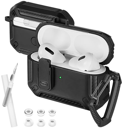 AXFEE Cover Compatibile con AirPods Pro2/1 Custodia- Nero | con Kit di Pulizia e Moschettone, Custodia Pop-up Automatica Protettiva Rigida Antiurto, con Clip di Blocco di Sicurezza