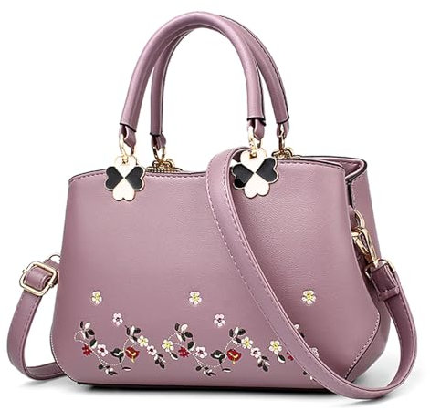 FOLOVEYA Elegant Handtasche Damen Blumen Stickerei Kleine Henkeltaschen Frauen Top Griff Tasche Umhängetaschen PU Leder Schultertasche für Shopping Arbeiten Reisen Lila