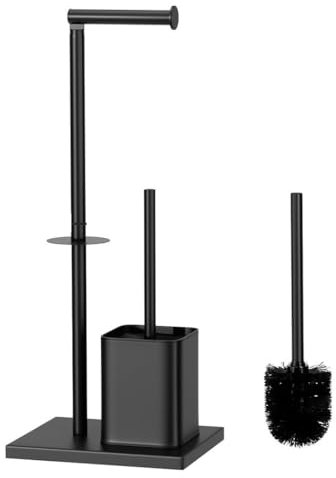 Stainless Steel Toilet Roll Holder with Brush & Holder Extra Rolls Holder Free Standing, Toilet Paper Holder and Toilet Brush, Matte Black Combo Toilet Brush with Roll Holder Caravan