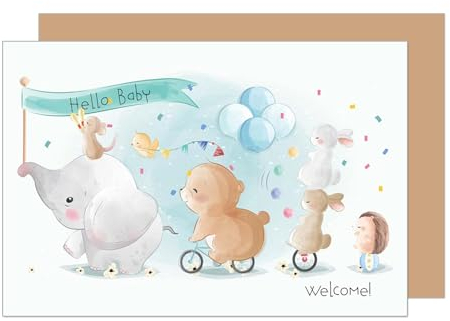Edition Seidel Biglietto di auguri per nascita con busta. Hello Baby Welcome Billet animali ragazzo ragazza blu (E277 SW024)