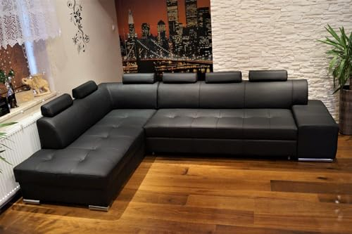 Quattro Meble Schwarz Echtleder Ecksofa London PIK 6z 300 x 200 Sofa Couch mit Schlaffunktion, Bettkasten und Kopfstützen Echt Leder Eck Couch große Farbauswahl (Ecke Links 200x300 cm)