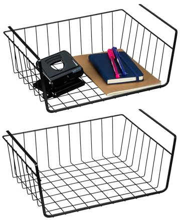 Relaxdays Cestas de Rejilla Metálica Colgantes, Pack de 2, para Colgar en Estanterías, Encimeras o Escritorios, Negro
