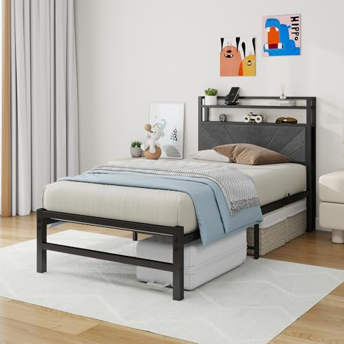 ARFARLY Bettrahmen Einzelbett 90x200 Metallbett Jugendbett Stoffbett - Hochwertiges Bettgestell mit Lattenrost, Kopfteil für erholsamen Schlaf - Robustes Bett 90x200 Modernes Design in Dunkelgrau