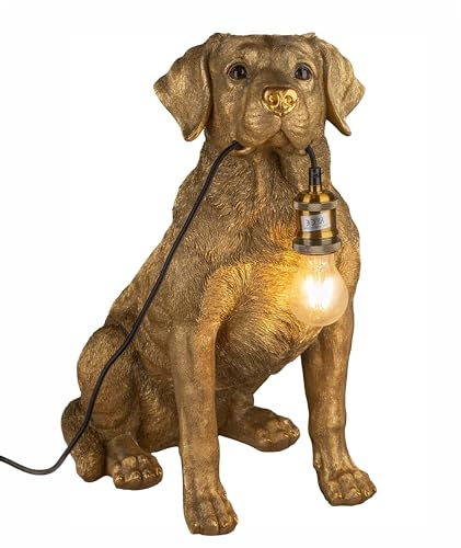Kremers Schatzkiste Stehlampe Labrador Hund 52 cm Antik-Gold Stimmungslampe Deko Figur Dekoration Tierlampe Figur Wohnzimmer Hundelampe mit Ein und Auschalter Dog Standlampe