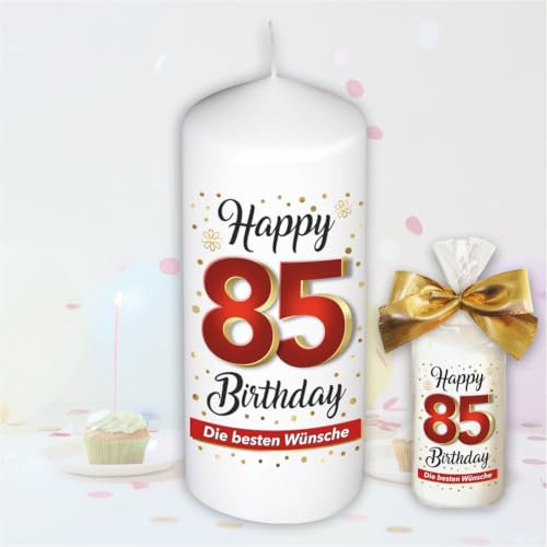 Stumpenkerze - Geburtstagskerze zum 85. Geburtstag, Happy Birthday - Für Dich | Motive auf Tattoofolie | Geschenkfolie und goldener Schleife | Kerze mit Geburtstagszahl Zahl in Geschenkverpackung