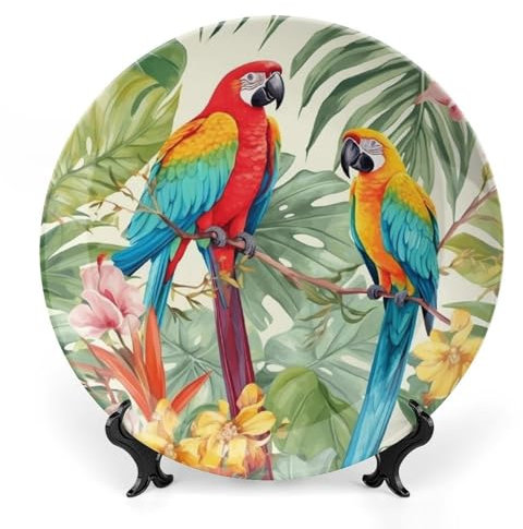 Bone China Decorative Plate with Display Stand Tropical Plants And Parrots Ceramic Decorative Plates Round Ceramic Dinner Plate Art Crafts Ceramic Ornaments for Home Office Wall Decor 10 inch