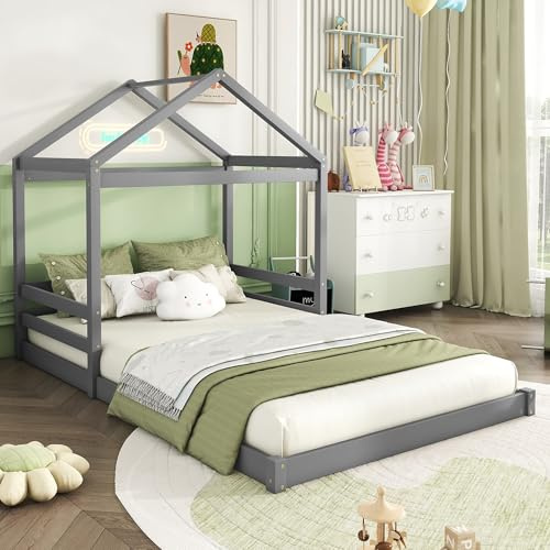 Kinderbett Bodenbett Doppelbett 140x200 cm, Bett Hausbett mit Haus Dach&Lattenrost, Holzbett Bettgestell Jugendbett Flachbett Bettrahmen für Kinder Jungen & Mädchen, Kiefernholz, Ohne Matratze, Grau