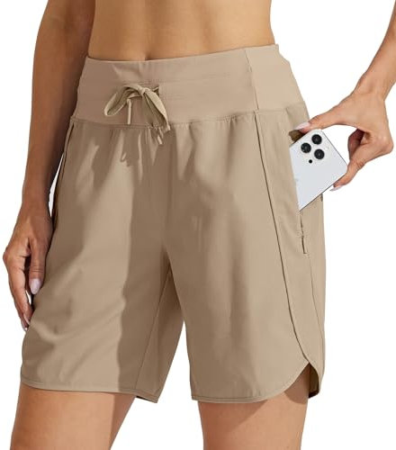 WILLIT Damen Shorts Sporthose Kurz High Waist Laufhose Sommer Laufshorts Schnelltrocknend Wanderhose Kurze Hose Sport Fitness Running mit Taschen 7 Khaki M