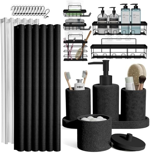 Clara Clark Bathroom Set - Black Bathroom Accessories Set, 24PC Bathroom Accessory Set, Bathroom Sets with Shower Curtain Set, Adhesive Corner Shower Caddy Hanging & Soap Dispenser