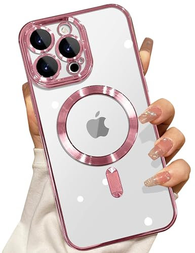 Misscase für iPhone 15 Pro Hülle 6.1 Zoll, Farbe Elektroplattiert Rahmen Transparente Rückseite magnetisches TPU Handyhülle Kompatibel mit MagSafe, Militärnorm Schutz, Kratzfeste Stoßfest -Rosa