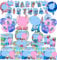 Cartoon Party Tableware,Stit ch Birthday Balloons,Cartoon Party Decorations,Birthday Party Tableware,Stitc Birthday Tableware Kit Plates Cups Napkins Tablecloth for Children's Birthday Party (A)