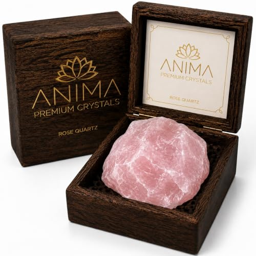 Anima® Large Rose Quartz Crystal for Love, Connection and Harmony | Elegant wooden gift box with a large raw rose quartz from Madagascar, measuring 5 to 6 cm, plus a crystal leaflet