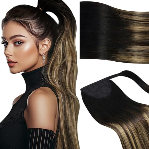 Vivien Ponytail Extension Echthaar Ombre Braun 40 cm Extension Pferdeschwanz Haarteil Echthaar Schwarz Balayage Braun und Blond für Frauen 80g #1B/4/27
