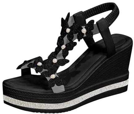 Générique Sandali da donna in legno a zeppa comodi e alla moda, con fiocco decorativo e dettagli in strass, scarpe da spiaggia romane casual da indossare stivali invernali neri, Le Noir, 38 EU