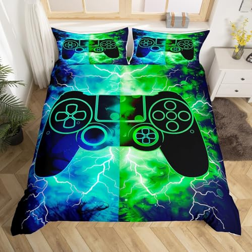 Homemissing Gaming Bettbezug, 220 x 240 cm, Flash Gamepad, Bettwäsche für Spielkonsole, Gamer-Spielkonsole, Bettwäsche-Set, grün, blau, modern, Bettwäsche