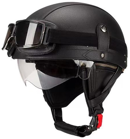 Retro Motorrad Halbhelme Mofa-Helm Leder Halbhelm Für Männer Und Frauen Deutscher Stil Roller Cruiser Chopper Anti-Collision Helm ECE Zertifiziert