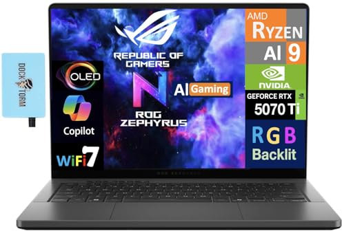 ASUS ROG Zephyrus G14 Latest 2025 AI Gaming Laptop Copilot + PC 14.0 2.8K OLED 120Hz Display (AMD Ryzen AI 9 HX 370, GeForce RTX 5070 Ti 12GB, 32GB LPDDR5X, 2TB SSD, RGB KB, Win 11 Pro) w/DKZ Hub
