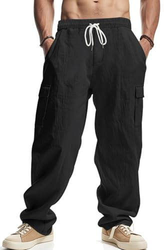 PADOLA Pantalon Lin Homme avec 4 Poches Taille Elastique Décontracté Pantalons de Travail Léger été Cargo de Plage Fluide Pantalon Yoga Cordon de Serrage Uni Baggy Grande Taille