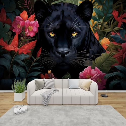 MMYAOKEN Papier Peint Panoramique Panthère Noire 350x256 cm - Décoration Murale Animaux de la Jungle - Tapisserie Murales Papier Peint Intissé pour Chambre Salon - Poster Tableaux Photo Muraux