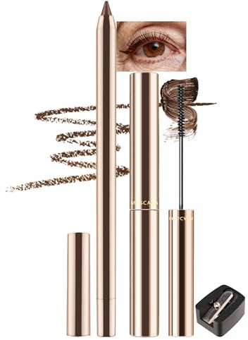 Braun Mascara & Soft Gel Eyeliner für Reife Frauen über 60 Jahre, Ultrafeiner Bürste Wimperntusche Volumen und Länge, Wasserfest langlebig Wischfest, Hypoallergen Makeup Set für Empfindliche Augen