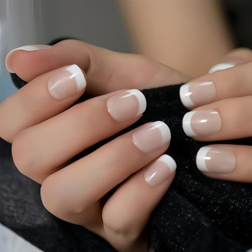 Auroriel 24 ongles pressés squovaux courts en beige nude blanc naturel avec finition française réutilisables pour manucure DIY à la maison