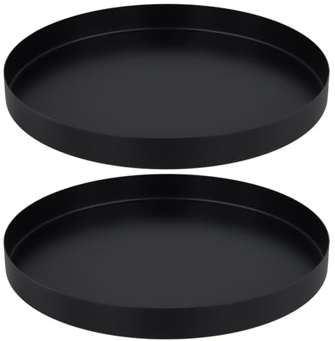 2 Stück Rundes Deko Tablett Schwarz aus Metall- 30cm Serviertablett Matt | Deko Teller Rund Metall für Dekoration, Schmuck,Kosmetik, Dessert, Kerzen und Make-up Organizer