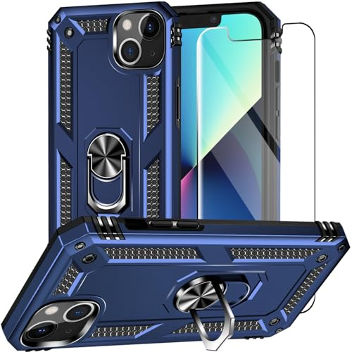 Jihucase for iPhone 13 Case with Screen Protector:[Military Grade Drop Tested] Ring Holder Kickstand Shockproof Anti-Slip Protective Phone Case for iPhone 13 6.1- Blue