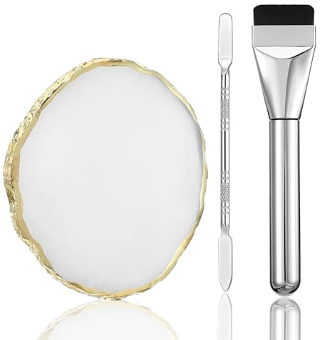 3PCS Resin Makeup Mixing Palette Set, Makeup Mixing Tray, Nail Polish Palette, Flat Foundation Brush and Spatula, DIY Gel Design Nails Eye Shadow Blending Art Tool Gold Edge