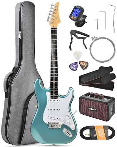 Leo Jaymz Beginner Electric Guitar 39” Kit with Portable Amplifier, Padded Gig Bag, Digital Tuner，Capo，Strap，Picks，Classic SSS Pickups (Cyan-SSS)