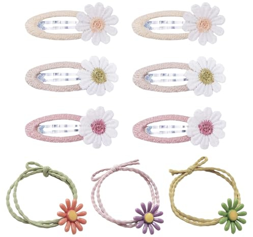 6 Stück Stoff Haarspangen + 3 Stück Gummibänder,Haarspange Blume | Mädchen Haarschmuck Set,Haarspangen Mädchen, HaaraccessoiresMädchen,Hair Clips for Girls,Gänseblümchen Haarspange