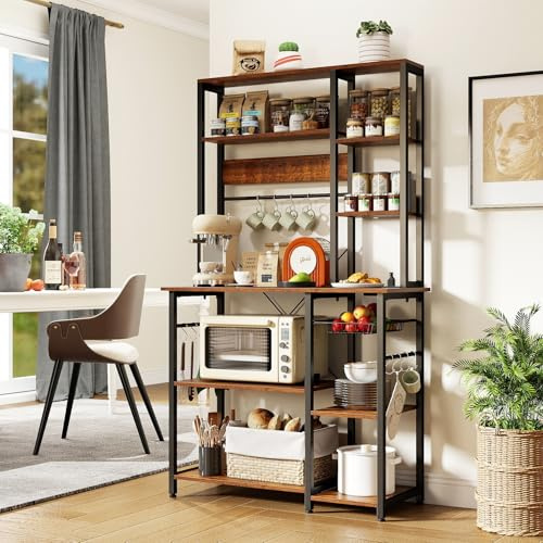 GiantexUK 170 cm Kitchen Baker’s Rack, 9-Tier Storage Shelf with Power Outlets & 12 Hooks, Wire Basket & Anti-tipping Device, Metal Frame Microwave Oven Stand for Dining Living Room | with Power Outlets & 12 Hooks, Wire Basket & Anti-tipping Device, Metal Frame Microwave Oven Stand for Dining Living Room