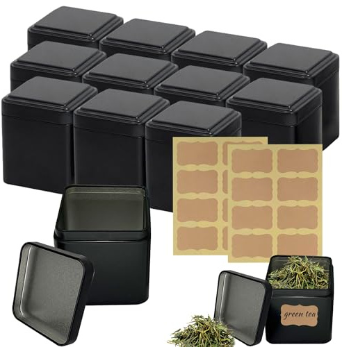 12 Stück Klassische Eckige Teedose, 7x7x8,5cm, mit 16 Etiketten Aufkleber