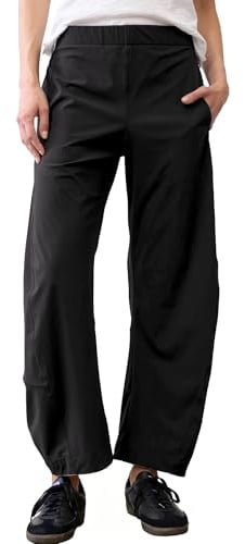 SeeLuNa Women Barrel Travel Pants Elastic Waistband Tapered Leg Baggy Mid Rise Work Trousers Lounge Pant with Pockets, Black, M