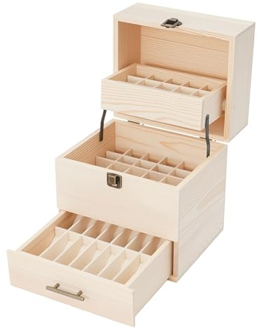 PBTERDTF 3 Etage Holz Ätherisches Öl Organisator Behälter Duftöle Display 59 Fächer Aufbewahrungsboxen für 15 ml und 10 ml Flaschen Nagellacksammlung Aromaöle Ätherische öle Aufbewahrung